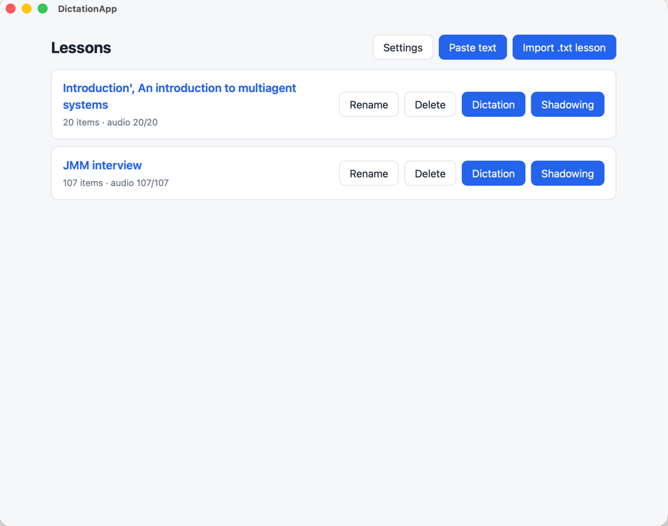DictationApp lesson library and practice interface